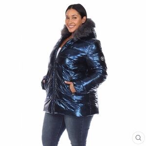 NWT White Mark Women’s Blue Metallic Hooded Puffer Coat - Size 1X